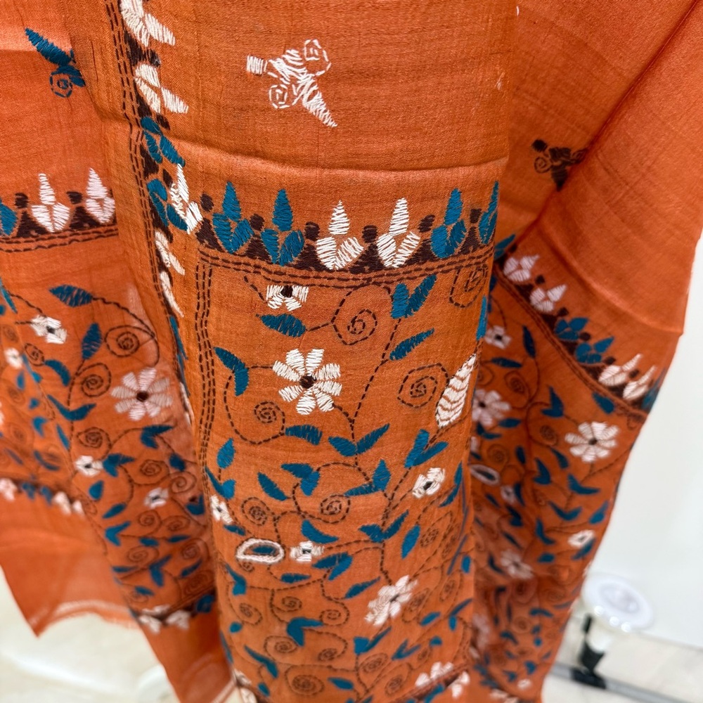 Rust Orange Elegant Embroidered Stole Dupatta Handloom Silk Scarf Festive Wrap - Picture 6 of 7